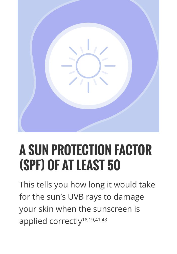 A sun protection factor (SPF) of at least 50